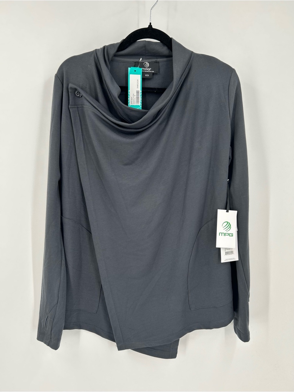 MPG Mondetta Odyssey Draped Wrap Jacket Charcoal Asymmetrical Cowl Neck M NWT